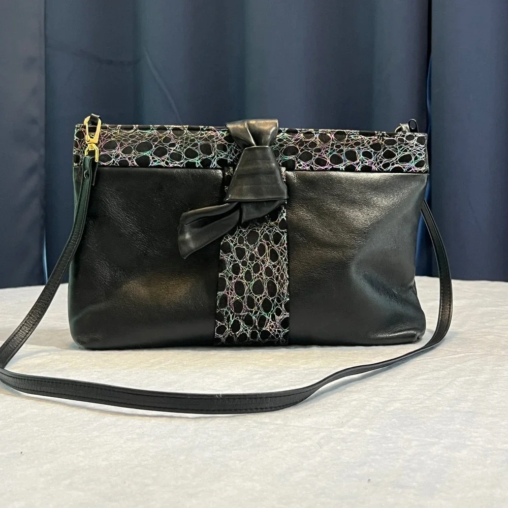 Vintage Ginger Black Leather Crossbody Bag 80s Glam Holographic Bow Detail